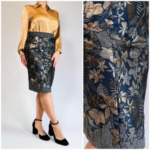 HEMANT & NANDITA Skirt Womens Skirt M Navy and Gold Silver Floral Pencil Brocade